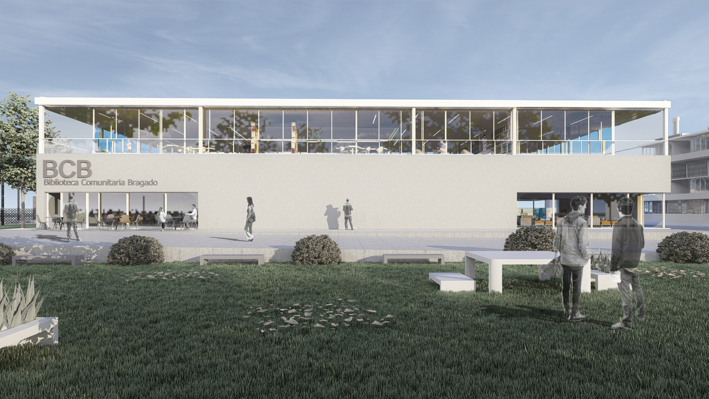 Biblioteca Comunitaria Bragado - Render arquitectónico de equipamiento público con diseño moderno y fachada transparente